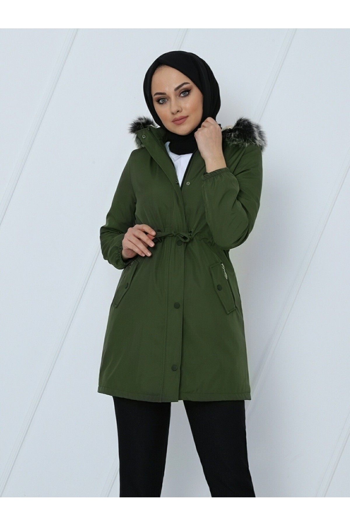 Pull-out Hooded Sleeve Elastic Pocket Short Coat -Khaki