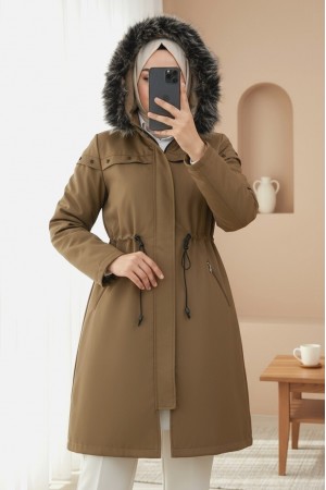 Çıkma Kapşonlu Yıldız Metal Detaylı Kaban -Taba