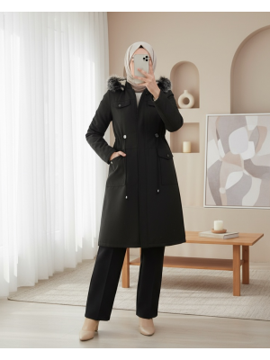 Çıkma Kapşonlu Bağcıklı Bondit Kısa Kaban -Siyah