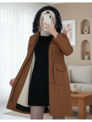 Çıkma Kapşonlu Bağcıklı Bondit Kısa Kaban -Taba