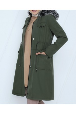 Çıkma Kapşonlu Bağcıklı Bondit Kısa Kaban  -Haki