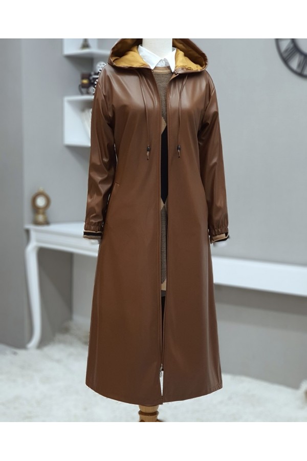 Hooded Zipper Sleeves Elastic Leather Cap -Snuff