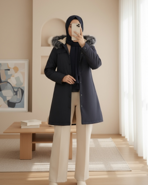 Çıkma Kapşonlu Çıtçıtlı Cepli Kısa Kaban  -Laci