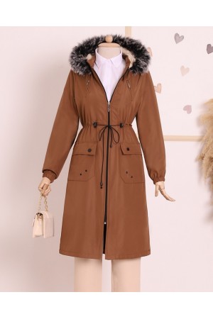 Cepleri Kuşgözlü Çıkma Kapşonlu Bondit Kaban -Taba