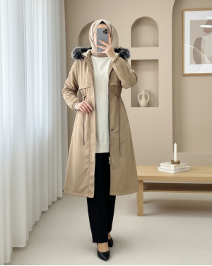 Çıkma Kapşonlu Tünel Bağcıklı Bondit Kaban -Açık Vizon