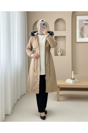 Çıkma Kapşonlu Tünel Bağcıklı Bondit Kaban -Açık Vizon