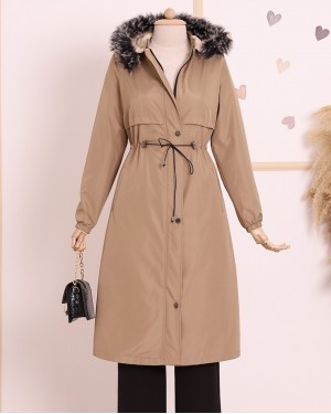 Çıkma Kapşonlu Tünel Bağcıklı Bondit Kaban -Açık Vizon