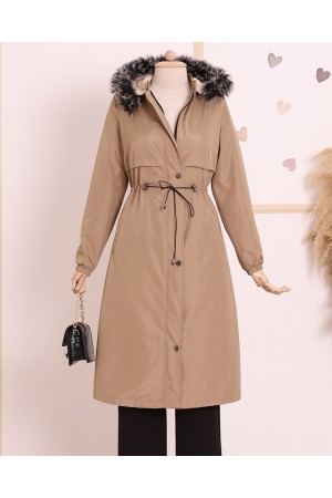 Çıkma Kapşonlu Tünel Bağcıklı Bondit Kaban -Açık Vizon