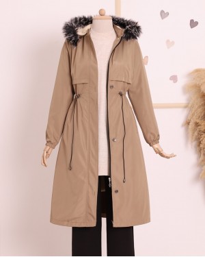 Çıkma Kapşonlu Tünel Bağcıklı Bondit Kaban -Açık Vizon