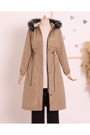 Çıkma Kapşonlu Tünel Bağcıklı Bondit Kaban -Açık Vizon