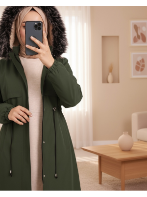 Çıkma Kapşonlu Tünel Bağcıklı Bondit Kaban -Haki