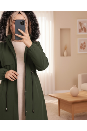 Çıkma Kapşonlu Tünel Bağcıklı Bondit Kaban -Haki