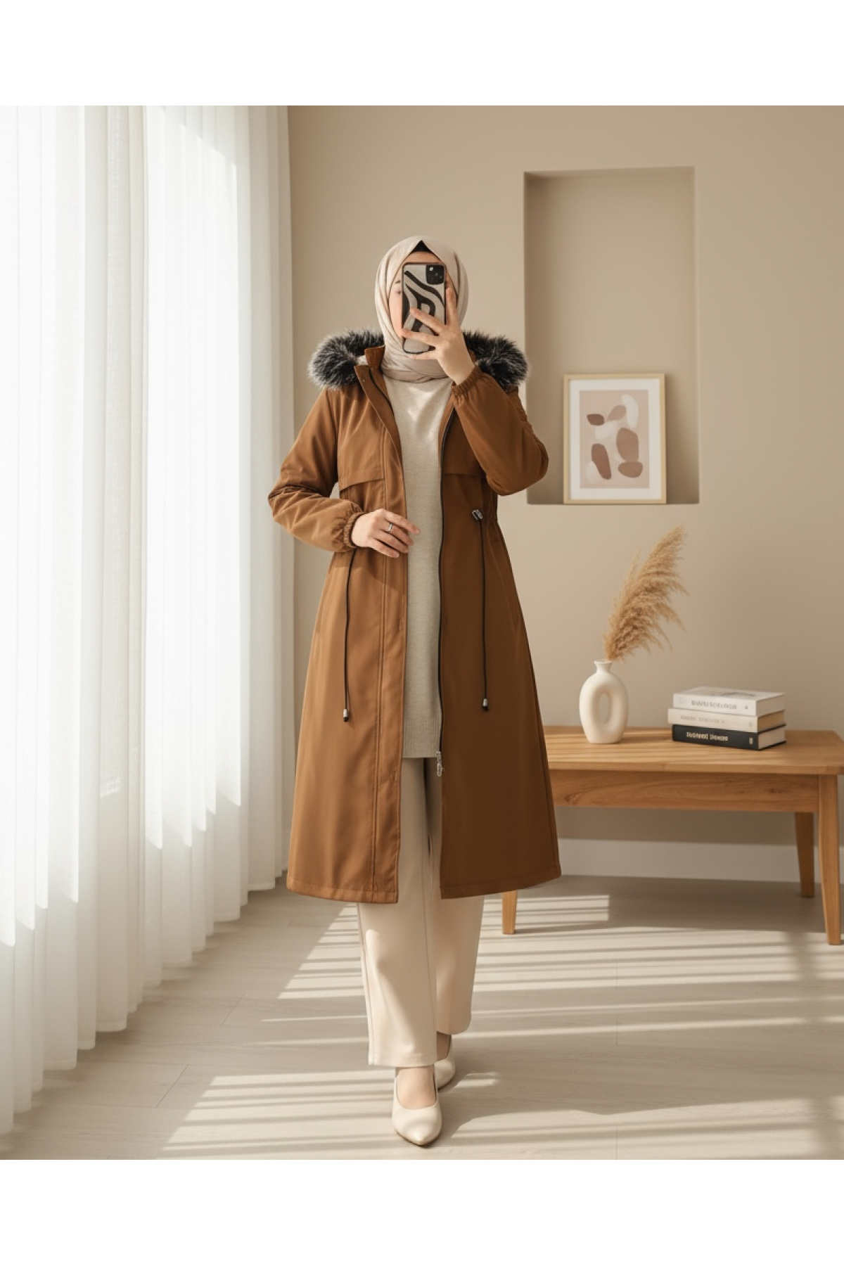 Pull-out Hooded Tunnel Lace-up Bondit Coat -Snuff
