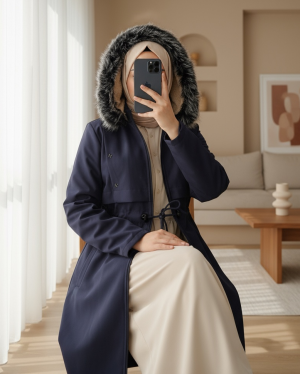 Metal Yıldız Detaylı Kapşonlu Uzun Kaban  -Laci