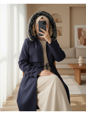 Metal Star Detailed Hooded Long Coat  -Navy blue