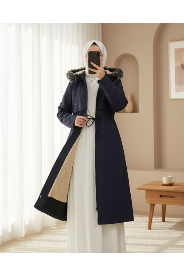 Metal Star Detailed Hooded Long Coat  -Navy blue