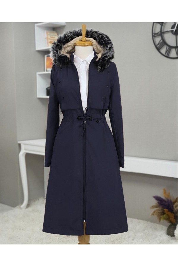 Metal Star Detailed Hooded Long Coat  -Navy blue