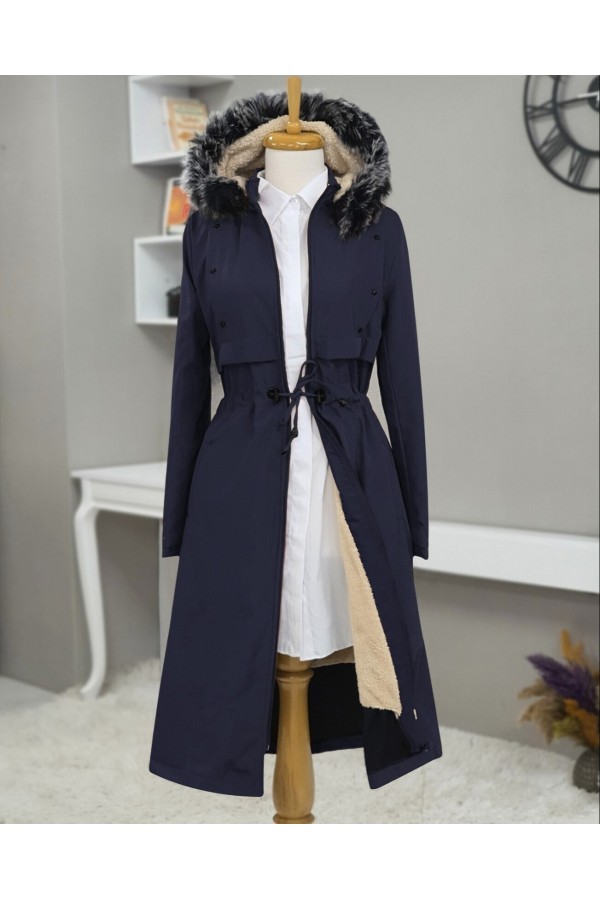 Metal Star Detailed Hooded Long Coat  -Navy blue