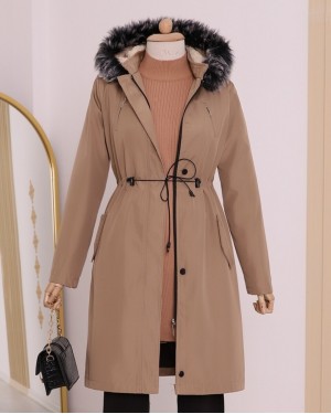 Çıkma Kapşonlu Tünel Bağcıklı Kısa Kaban  -Açık Vizon