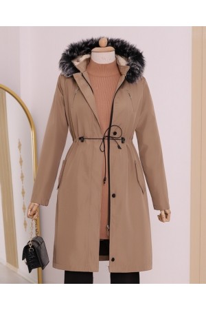 Çıkma Kapşonlu Tünel Bağcıklı Kısa Kaban  -Açık Vizon