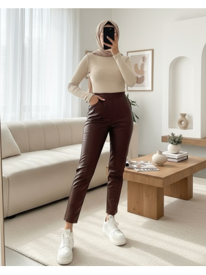 Beli Lastikli Deri Pantolon -Kahve