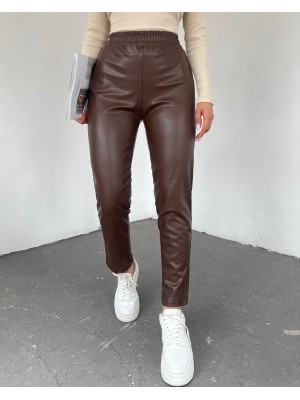 Beli Lastikli Deri Pantolon -Kahve