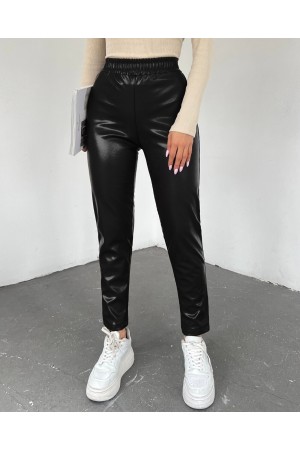 Elastic Waist Leather Pants -Black