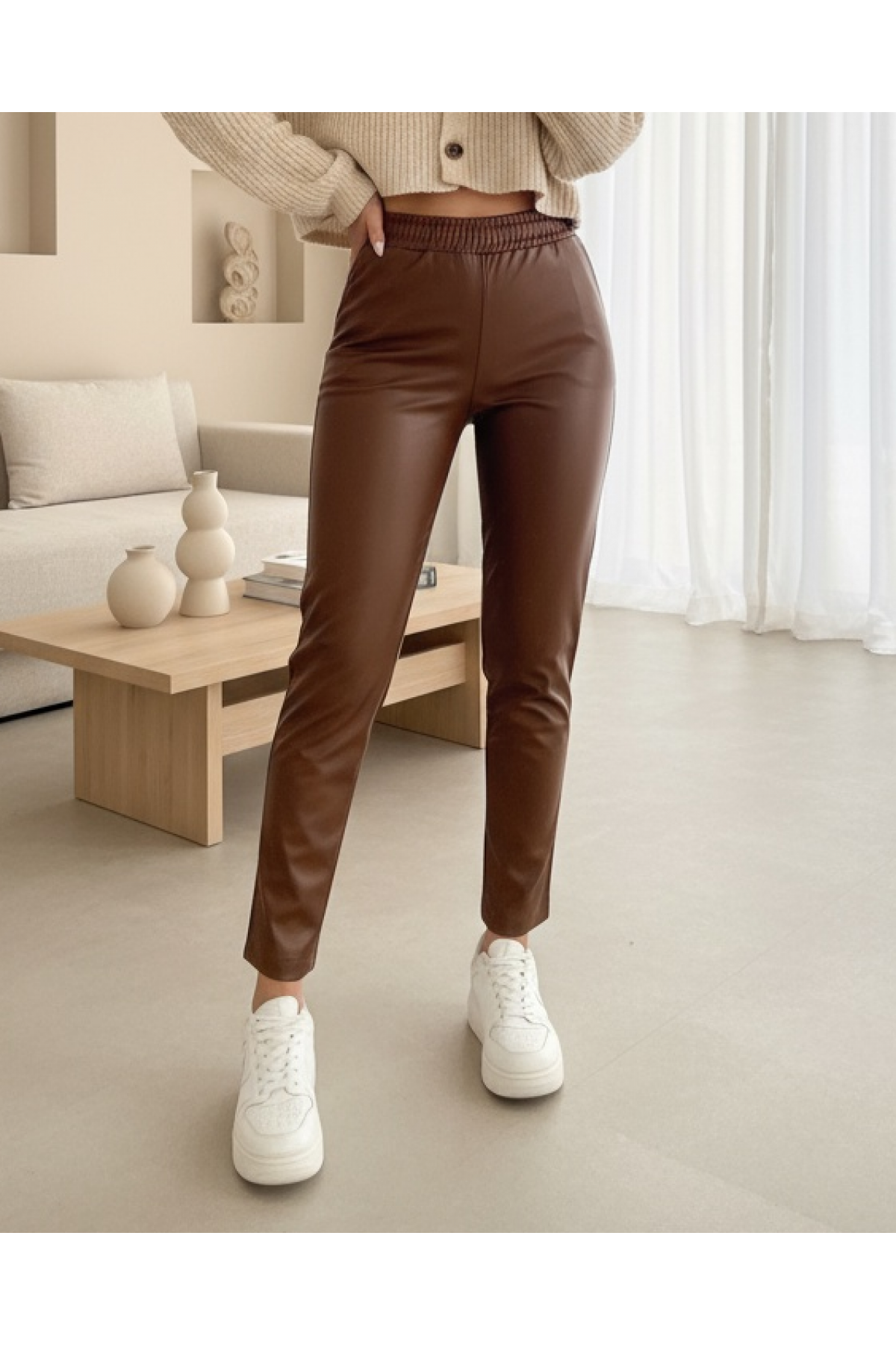 Elastic Waist Leather Pants  -Snuff detay görseli