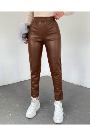 Beli Lastikli Deri Pantolon  -Taba
