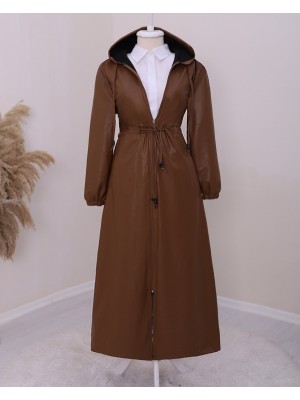 Tünel Bağcıklı Kapşonlu Fermuarlı Uzun Deri Kap -Taba