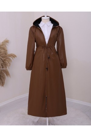 Tünel Bağcıklı Kapşonlu Fermuarlı Uzun Deri Kap -Taba