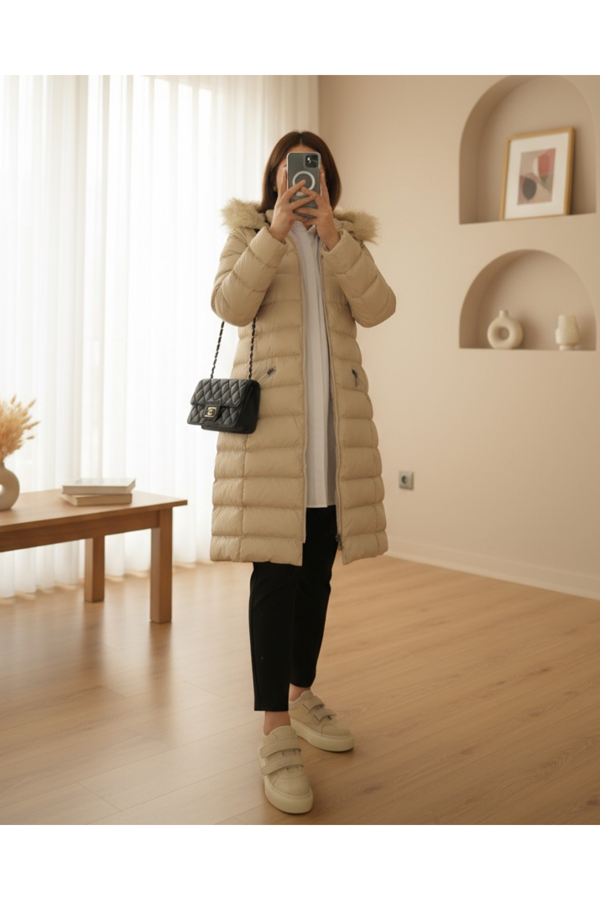 Hooded Fur Puffer Coat -Stone