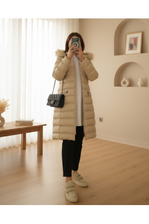 Çıkma Kapşonlu Kürklü Şişme Kaban -Taş