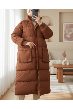 Gizli Kapşonlu Elyaf Dolum Şişme Kaban -Dark Coffee