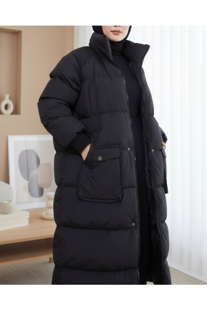 Gizli Kapşonlu Elyaf Dolum Şişme Kaban -Siyah