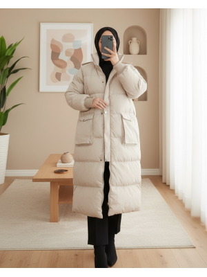 Gizli Kapşonlu Elyaf Dolum Şişme Kaban -Taş