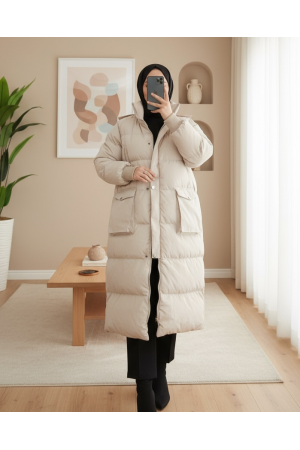 Gizli Kapşonlu Elyaf Dolum Şişme Kaban -Taş