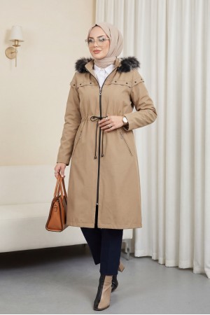 Çıkma Kapşonlu Yıldız Metal Detaylı Kaban  -Taş