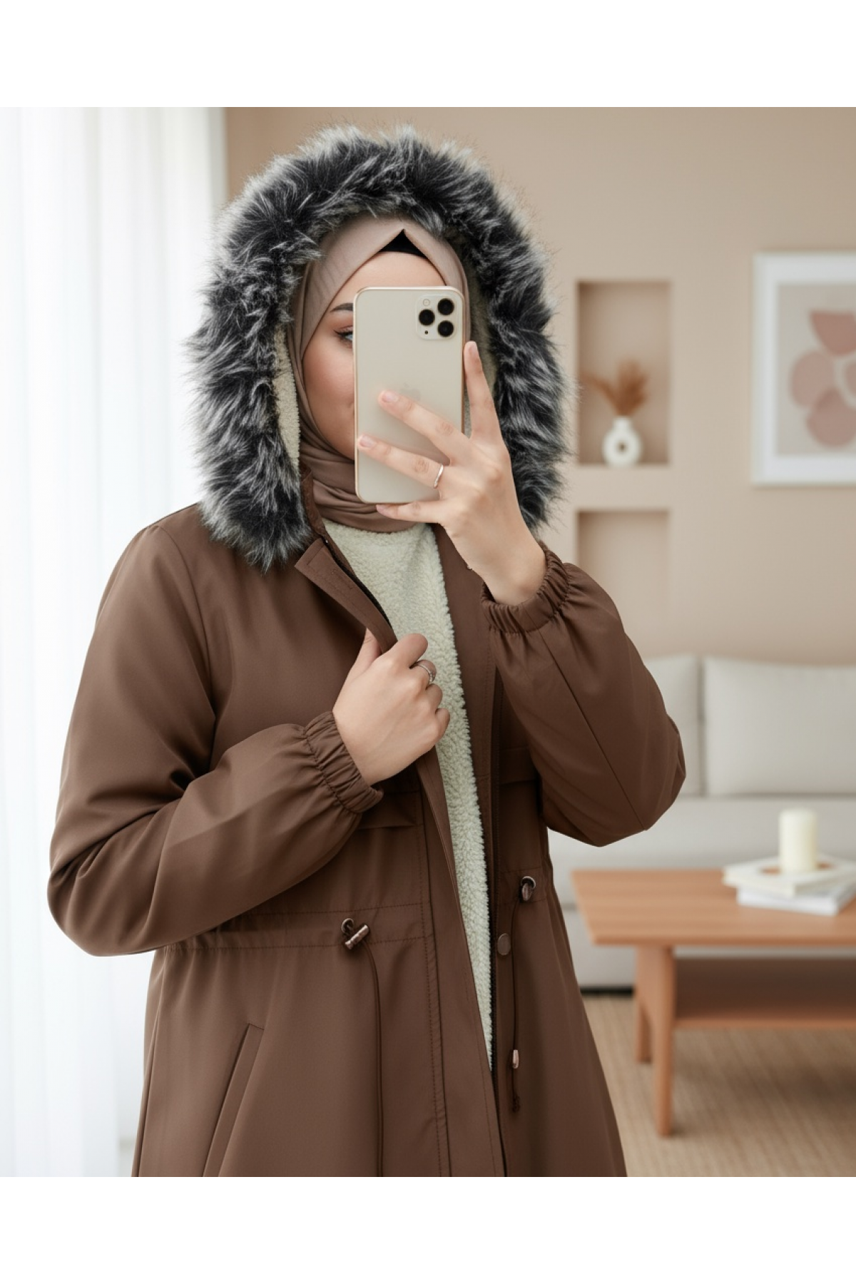 Furry Hooded Lace Up Bondit Coat -Snuff