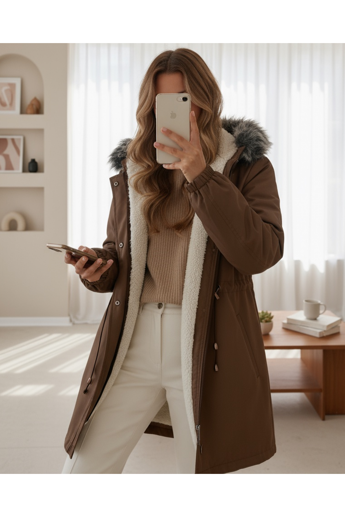 Furry Hooded Lace Up Bondit Coat -Snuff