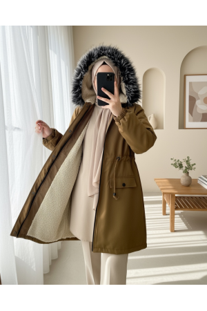 Sabit Kapşonlu İçi Kürklü Bondit Kaban -Taba