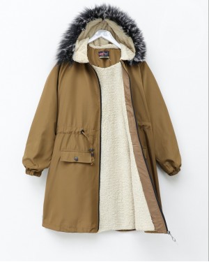 Sabit Kapşonlu İçi Kürklü Bondit Kaban -Taba