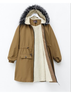 Sabit Kapşonlu İçi Kürklü Bondit Kaban -Taba