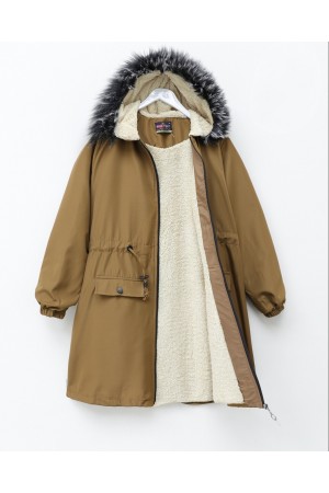 Fixed Hooded Fur Lined Bondit Coat -Snuff