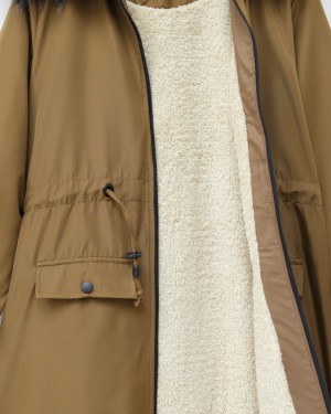 Sabit Kapşonlu İçi Kürklü Bondit Kaban -Taba