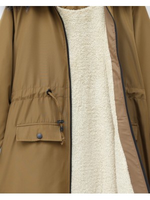 Sabit Kapşonlu İçi Kürklü Bondit Kaban -Taba