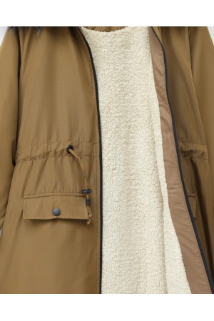 Fixed Hooded Fur Lined Bondit Coat -Snuff