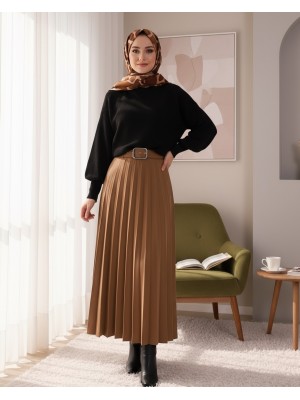 Tokalı Kemerli Pileli Kışlık Kadife Tesettür Etek  -Vizon