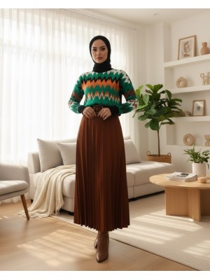 Tokalı Kemerli Pileli Kışlık Kadife Tesettür Etek    -A. Kiremit