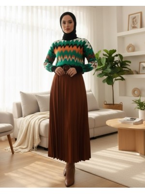 Tokalı Kemerli Pileli Kışlık Kadife Tesettür Etek    -A. Kiremit